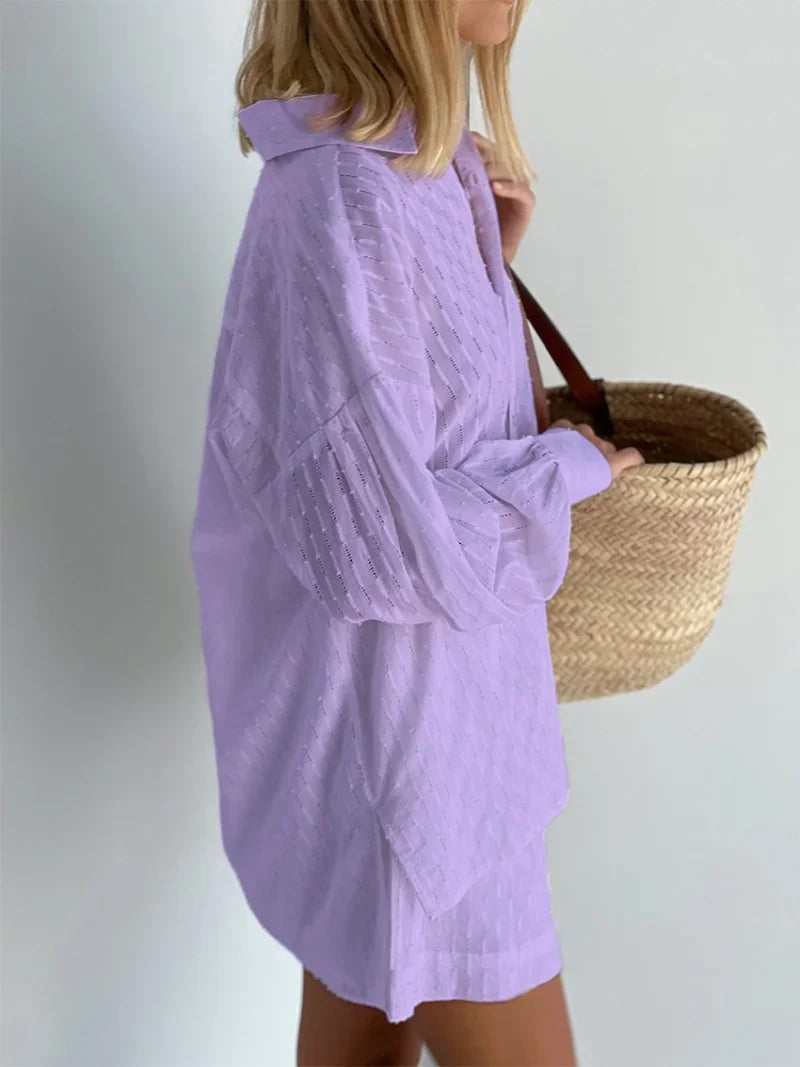 Women Jacquard Puff Sleeves Two Piece Sets for Summer Fashion Loose Shorts and Long Sleeved Shirt Outfits