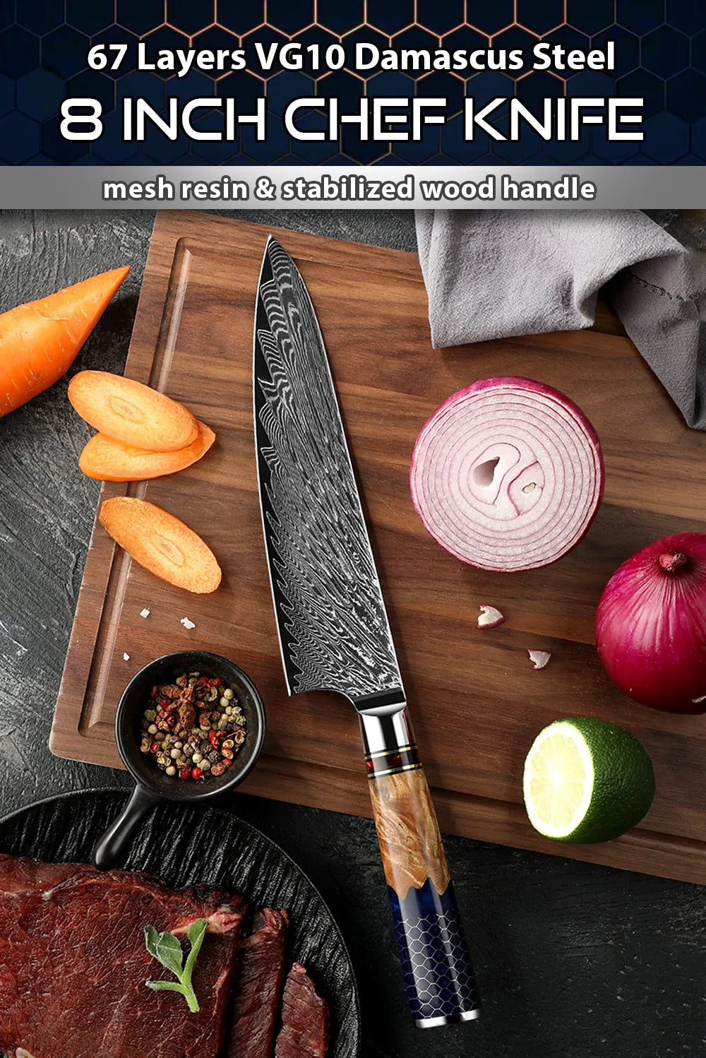 Kitchen Knives-Set Damascus Steel Chef Knife Cleaver Paring Utility Bread Knife Cooking Tool Blue Resin Handle 1-10 Pcs/Set