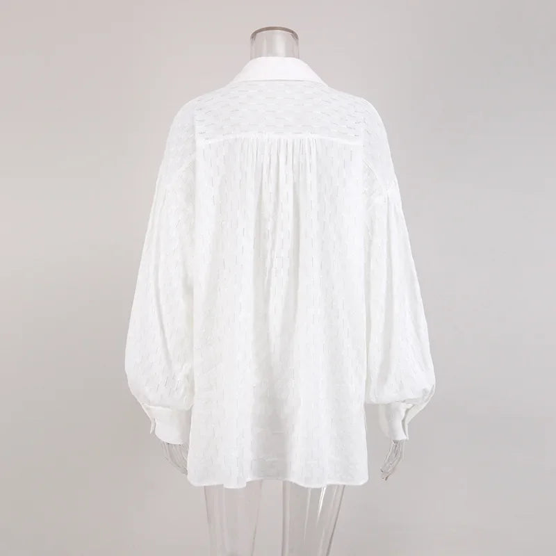 Women Jacquard Puff Sleeves Two Piece Sets for Summer Fashion Loose Shorts and Long Sleeved Shirt Outfits