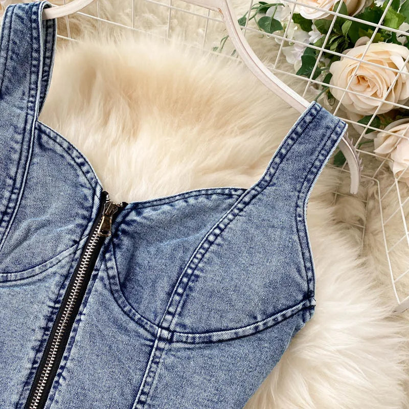 Skirt Sets Women Denim Skirts Two Piece Set Tanks Sleeve Less Slim Fit Vests High Waist Jeans Button Streetwear Summer