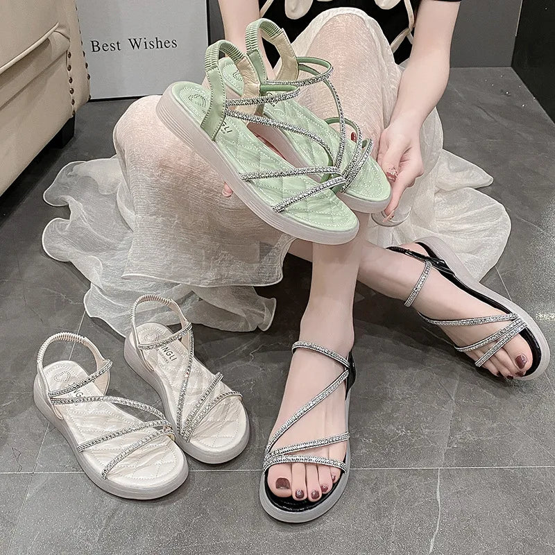 Flat-heeled Sandal Woman Rhinestone Comfortable Sandals for Women Summer New 2025 Without Heel Elegant Roman Fashion
