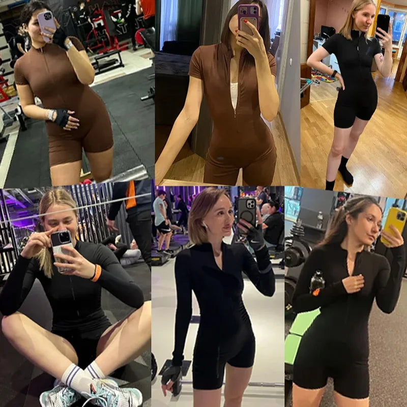 Women's Fitness Short Jumpsuits Long Sleeve Training Overalls One-Piece Sporty Suits Workout Romper Gym Clothing Woman Tracksuit