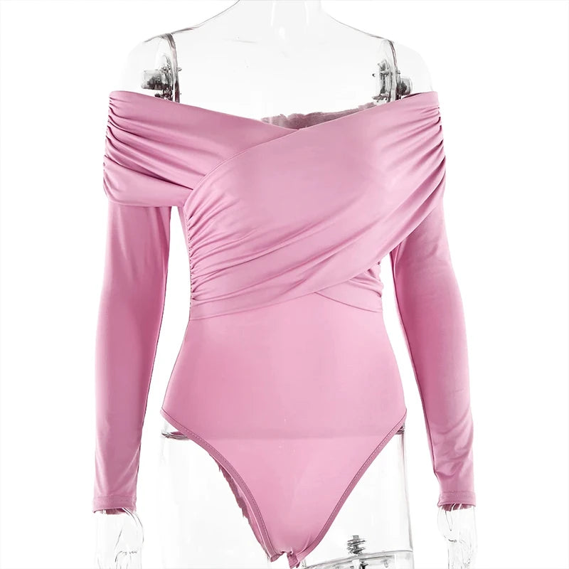 Red Sexy Off Shoulder Women's Bodysuits Fashion Crossed Folds Skinny Rompers Long Sleeve Fashion Streetwear Autumn Bodysuits New