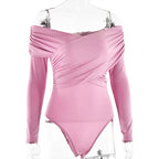 Red Sexy Off Shoulder Women's Bodysuits Fashion Crossed Folds Skinny Rompers Long Sleeve Fashion Streetwear Autumn Bodysuits New