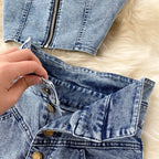 Skirt Sets Women Denim Skirts Two Piece Set Tanks Sleeve Less Slim Fit Vests High Waist Jeans Button Streetwear Summer