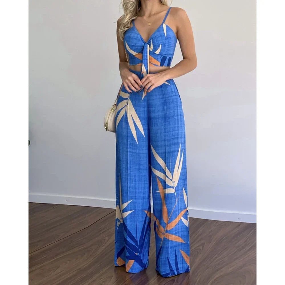 Summer Women Tropical Print Spaghetti Strap Casual Lace up Back Top &High Waist Pants Set 2 Pieces Suit Sets