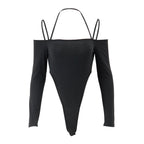WhereMery Sexy Women's Off-Shoulder Halter Bodysuit Casual Spaghetti Straps Long Sleeve Slim T-Shirt for Party Clubwear Vestidos