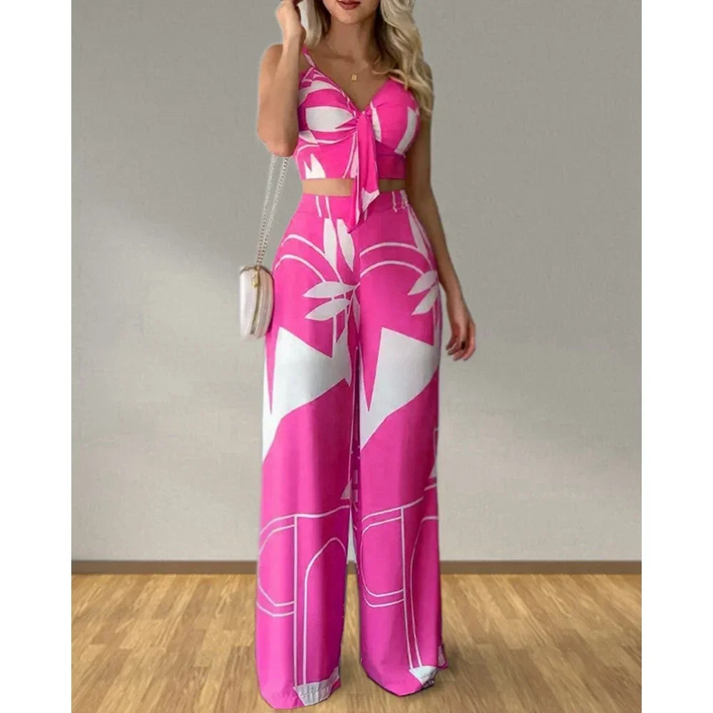 Summer Women Tropical Print Spaghetti Strap Casual Lace up Back Top &High Waist Pants Set 2 Pieces Suit Sets