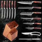 Kitchen Knife Set 15-Piece With Wooden Block,Laser Damascus Pattern Steel Professional Chef's Knife,With Scissor Sharpening Rod