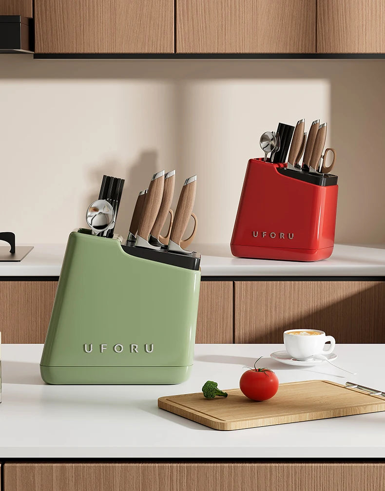 UFORU Multi-function knife rack kitchen knives tableware drain storage household trapezoidal integrated plastic storage rack