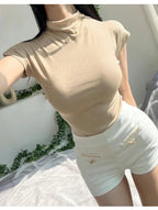 Female Streetwear Basics Versatile Tops Women Sexy Turtleneck Short Sleeve T-Shirts Solid Slim Fit Summer Causal Tees Shirts