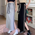 Qooth Women Sports style Elastic Waist Cotton A-line Skirt Elegant Split Long Skirt QT2155