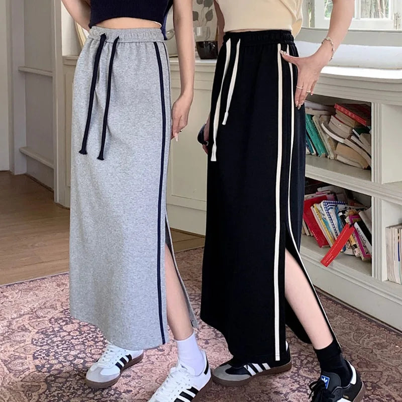 Qooth Women Sports style Elastic Waist Cotton A-line Skirt Elegant Split Long Skirt QT2155