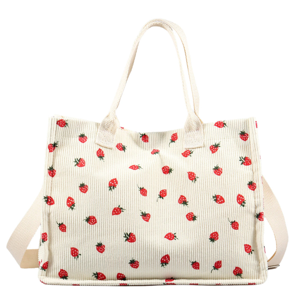 Tote Bag Cute Strawberry Patched Purse for Women Fabric Large Capacity Tote Purse Enduring Tote Bag with Adjustable Shoulder