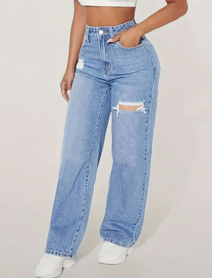 Mom Jeans Women Denim Pant Wide Leg Long Pants Hole High Waist Straight Trousers Y2k Streetwear Work Splice Casual 2025 Punk