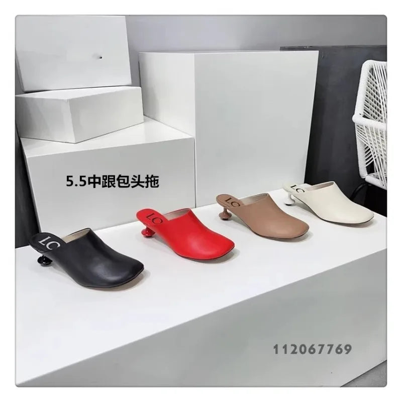 Square Toe Elegant Women Slippers Fad Mid Heels Leather Sandals Mule Shoes Trend Spring Designer Dress Femme Chaussures