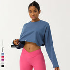 Women Long Sleeve Fitness Crop Top Soft Soild Color Workout T-Shirt Loose Running Yoga Shirt