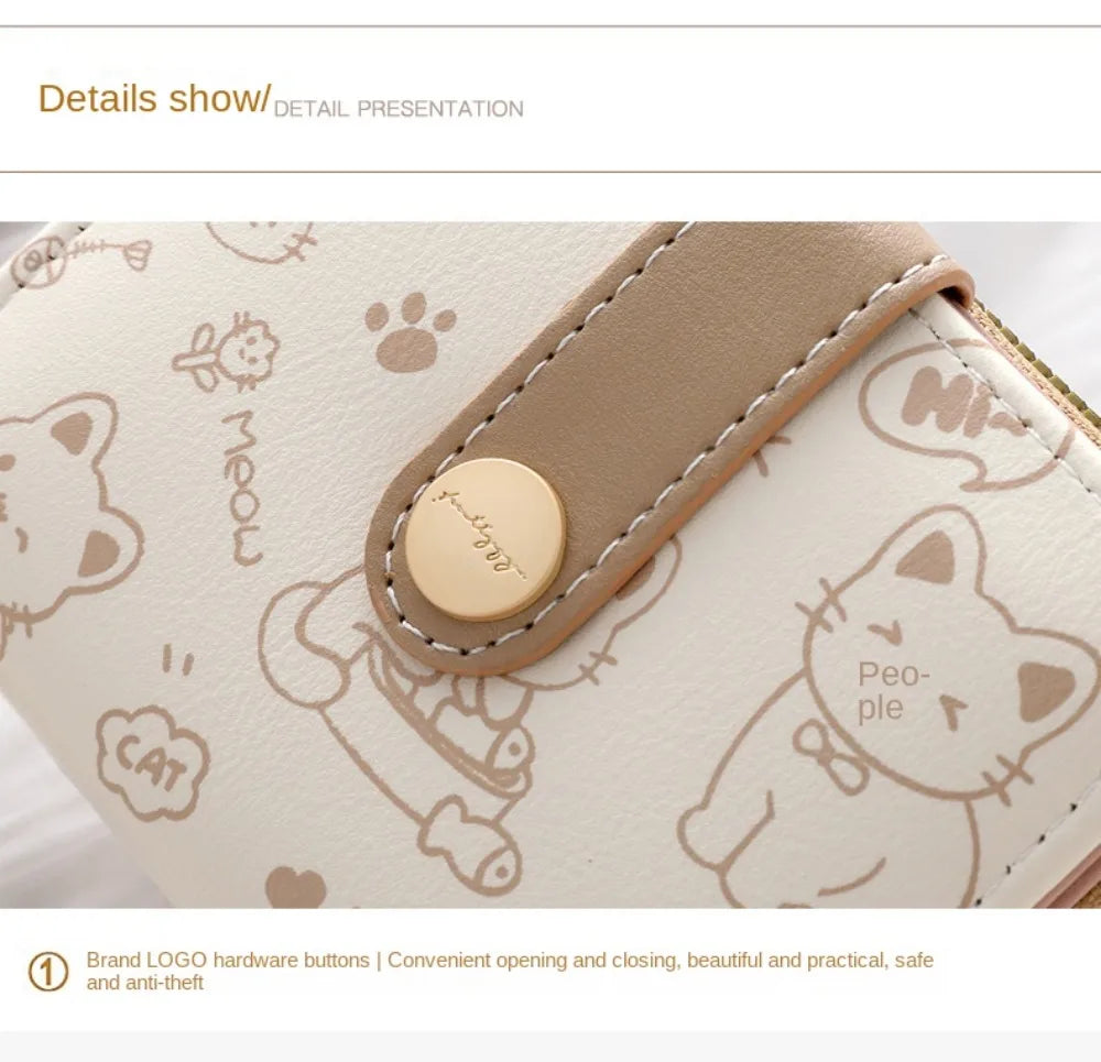 Cute Cat Coin Purse Women Fashion Short Wallet PU Leather Large Capacity Wallet Lightweight ID Card Holder Travel Cash Coin Bag