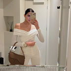 Red Sexy Off Shoulder Women's Bodysuits Fashion Crossed Folds Skinny Rompers Long Sleeve Fashion Streetwear Autumn Bodysuits New