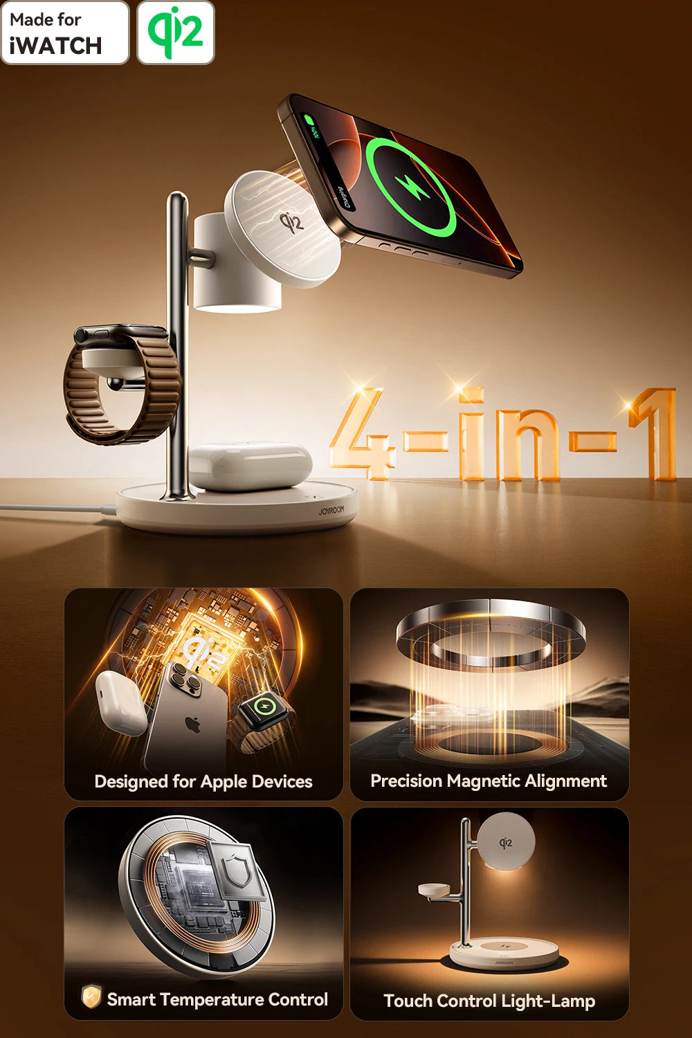 Wireless Charger Magnetic Charging Station For iPhone 16-12 Series For iWatch For AirPods 4/3/2/Pro 4-in-1 Qi2 Fast 15W