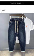 Harajuku Fashion Men's Printed Cargo Vintage Harem Pants Elastic Waistband Baggy Jeans for Casual Spring and Autumn Denim Pants