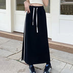 Qooth Women Sports style Elastic Waist Cotton A-line Skirt Elegant Split Long Skirt QT2155