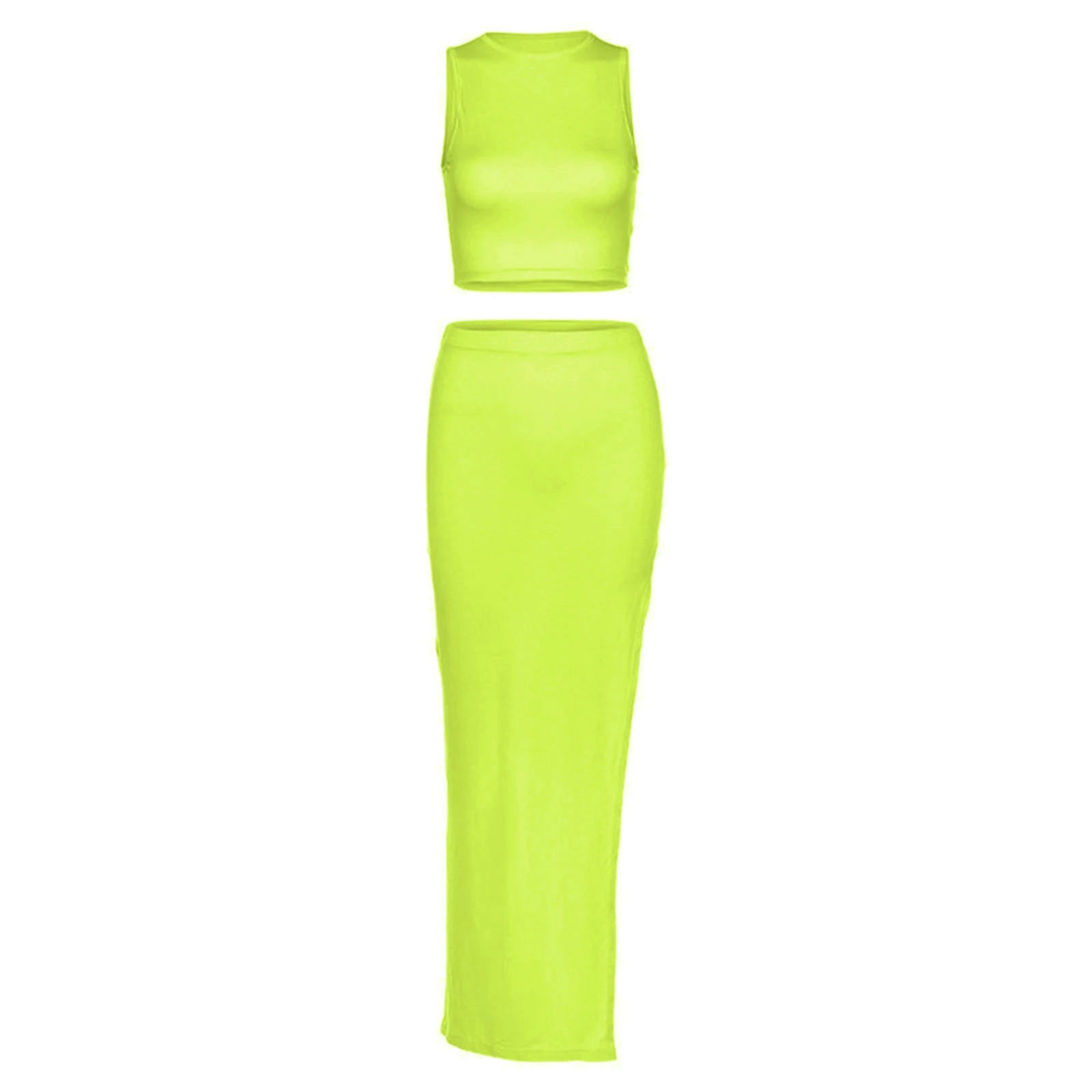 Combhasaki Women's Summer 2Piece Outfits Set Solid Color Crew Neck Sleeveless Crop Tank Tops + Wrapped Hip High Slit Long Skirts