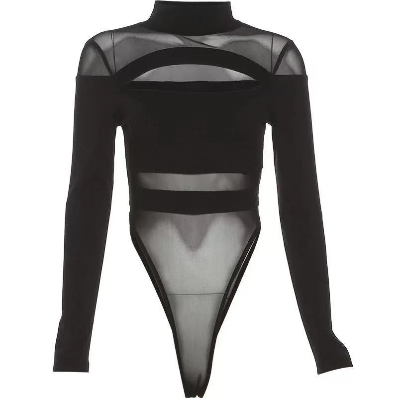 Women's Sexy Hollow Bodysuit Long Sleeved Mesh Tops Solid Fashion Half High Collar Jumpsuit Bottoming Clothes Y2k Club Bodysuits