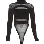 Women's Sexy Hollow Bodysuit Long Sleeved Mesh Tops Solid Fashion Half High Collar Jumpsuit Bottoming Clothes Y2k Club Bodysuits