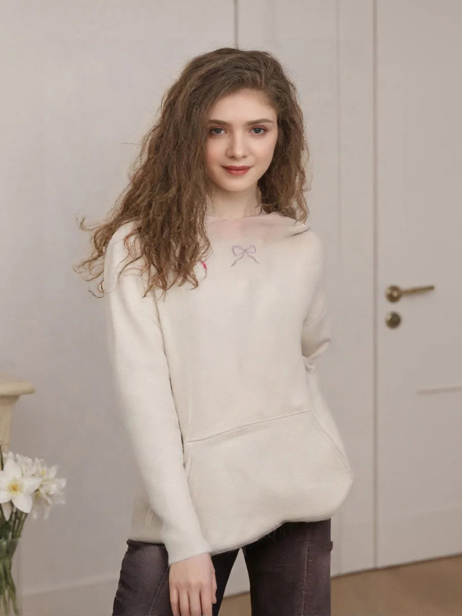 GuliriFei Women’s Loose Hoodies Bow Embroidery Long Sleeve Oversized Sweatshirts Streetwear Aesthetic Pullover Tops