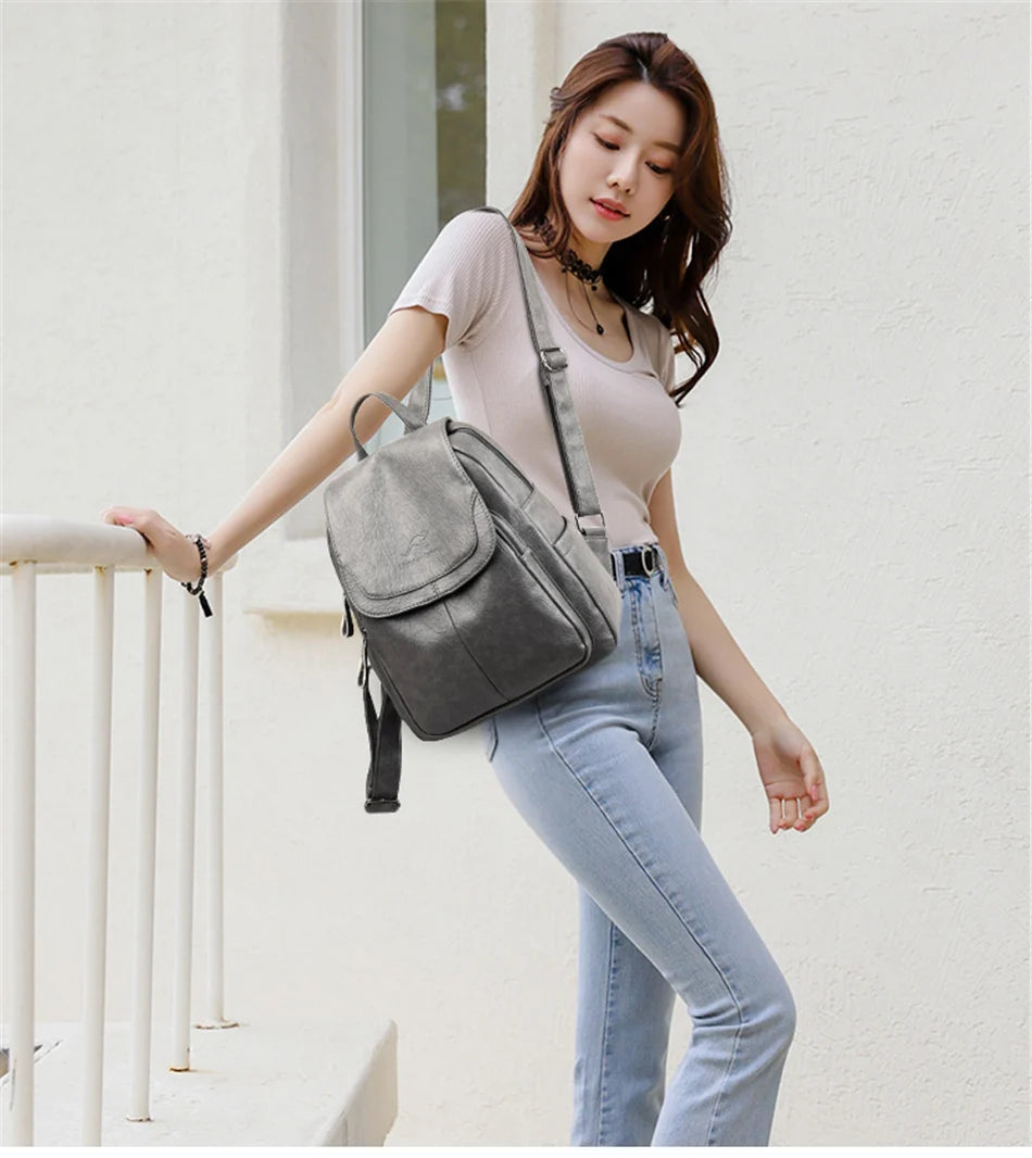 Ladies Bookbag Rucksack Women Large Capacity Backpack Purses High Quality PU Leather Female Vintage School Bags Travel Bagpack