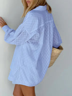 Women Jacquard Puff Sleeves Two Piece Sets for Summer Fashion Loose Shorts and Long Sleeved Shirt Outfits