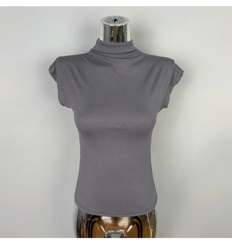 Female Streetwear Basics Versatile Tops Women Sexy Turtleneck Short Sleeve T-Shirts Solid Slim Fit Summer Causal Tees Shirts