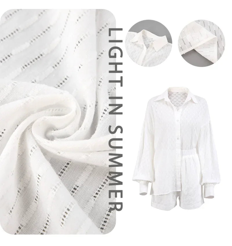 Women Jacquard Puff Sleeves Two Piece Sets for Summer Fashion Loose Shorts and Long Sleeved Shirt Outfits