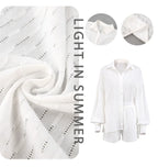 Women Jacquard Puff Sleeves Two Piece Sets for Summer Fashion Loose Shorts and Long Sleeved Shirt Outfits