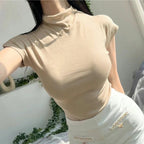 Female Streetwear Basics Versatile Tops Women Sexy Turtleneck Short Sleeve T-Shirts Solid Slim Fit Summer Causal Tees Shirts