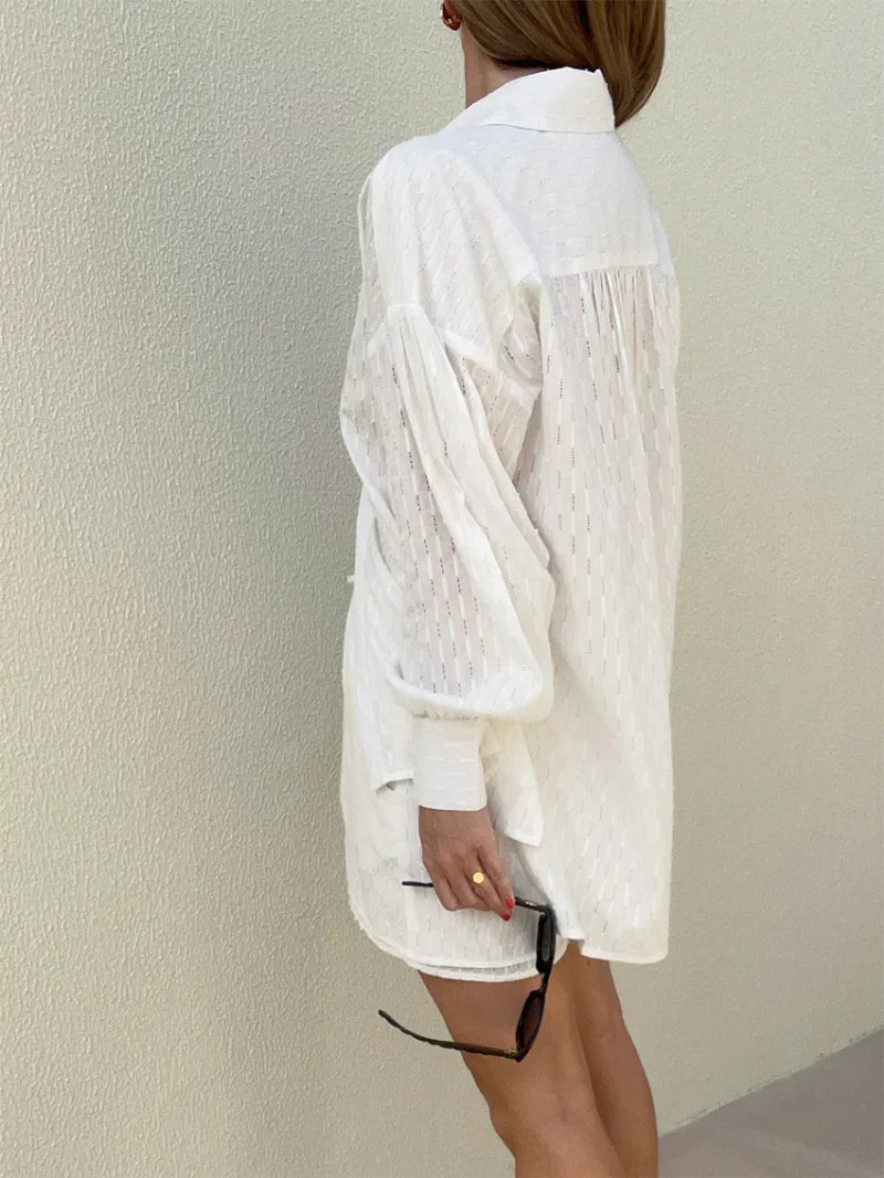 Women Jacquard Puff Sleeves Two Piece Sets for Summer Fashion Loose Shorts and Long Sleeved Shirt Outfits