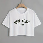 Short sleeved casual women's round neck T-shirt with New York letter print, spring and summer clothing