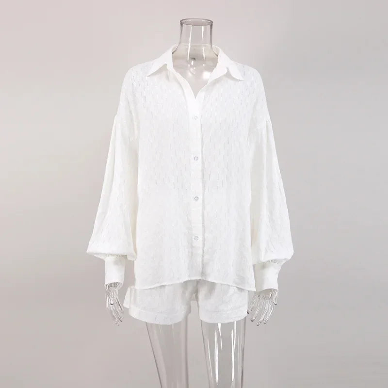 Women Jacquard Puff Sleeves Two Piece Sets for Summer Fashion Loose Shorts and Long Sleeved Shirt Outfits