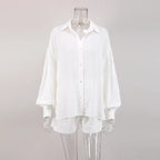 Women Jacquard Puff Sleeves Two Piece Sets for Summer Fashion Loose Shorts and Long Sleeved Shirt Outfits