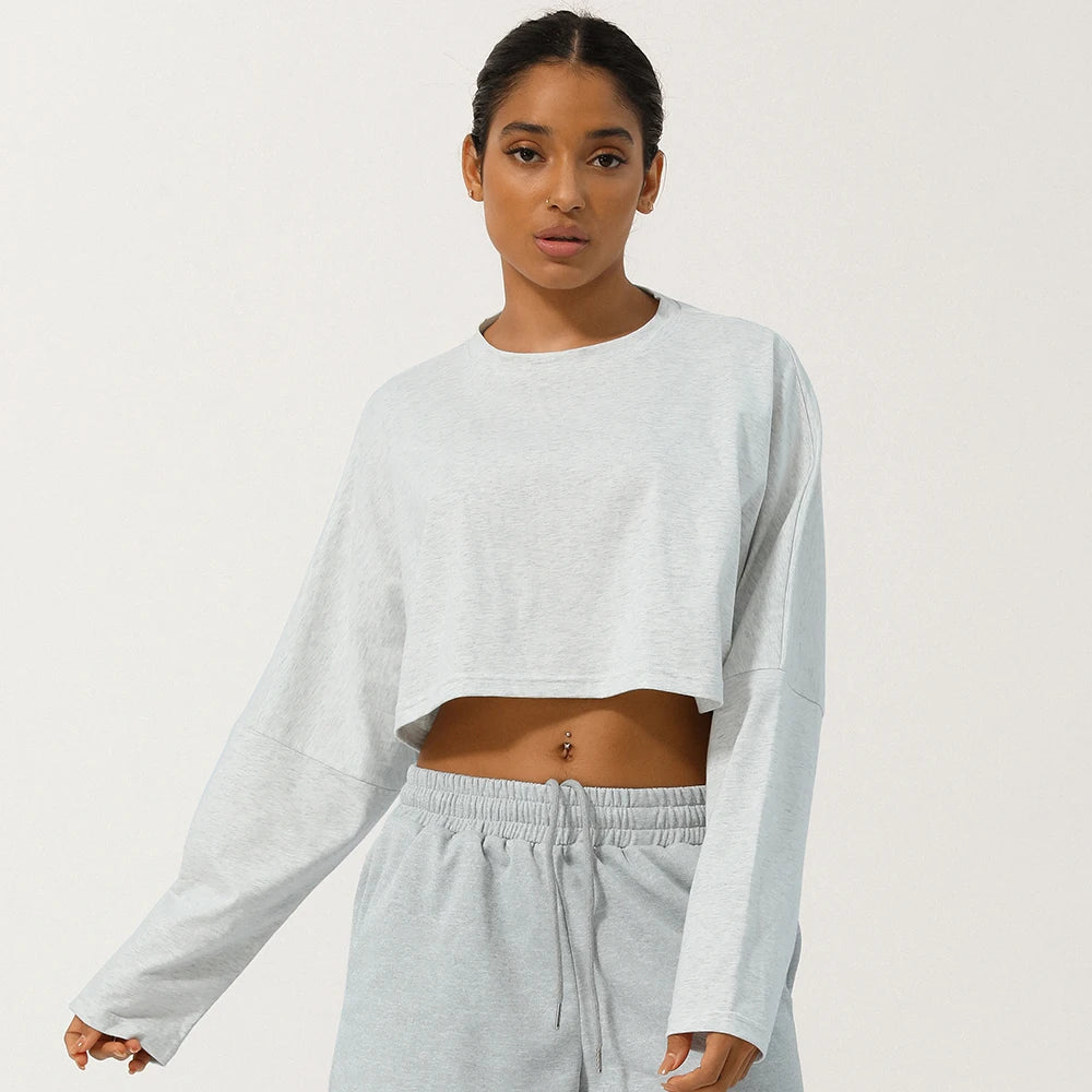 Women Long Sleeve Fitness Crop Top Soft Soild Color Workout T-Shirt Loose Running Yoga Shirt