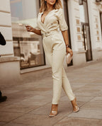 Women Suit Short Sleeve Jumpsuit Slim Fit Fashion Office Lady Spring Summer Elegant Solid Button Sexy High Waist Jumpsuits