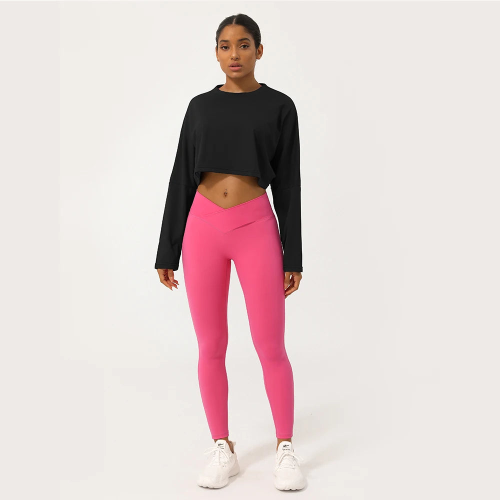 Women Long Sleeve Fitness Crop Top Soft Soild Color Workout T-Shirt Loose Running Yoga Shirt