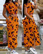 2025 Summer Two Piece Sets Women Outifit Fashion Print Colorblock O-Neck Short Sleeve Crop Top & Casual Striped Pocket Skirt Set