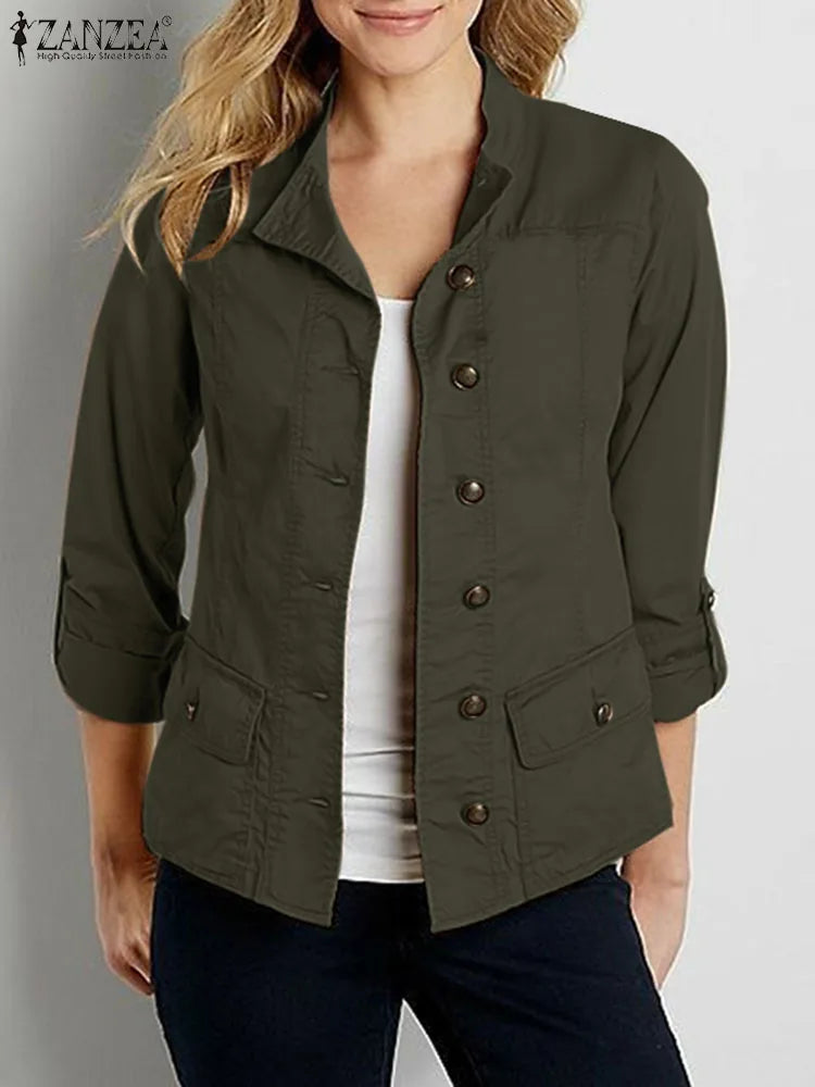 ZANZEA Fashion OL Jackets Woman Long Sleeve Stand Collar Outerwear Autumn Vintage Party Work Wear Female Elegant Button UP Coats