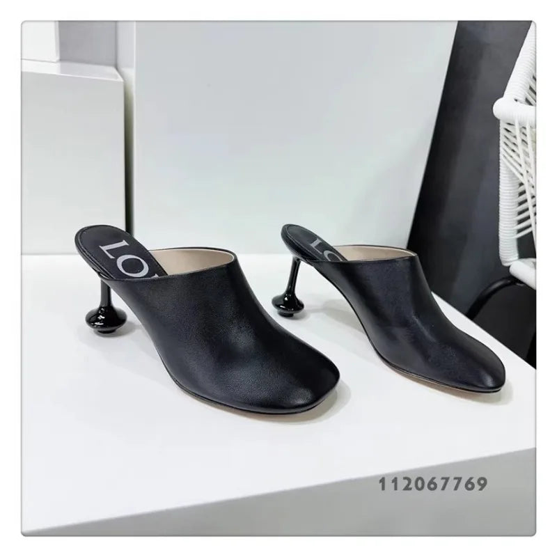 Square Toe Elegant Women Slippers Fad Mid Heels Leather Sandals Mule Shoes Trend Spring Designer Dress Femme Chaussures