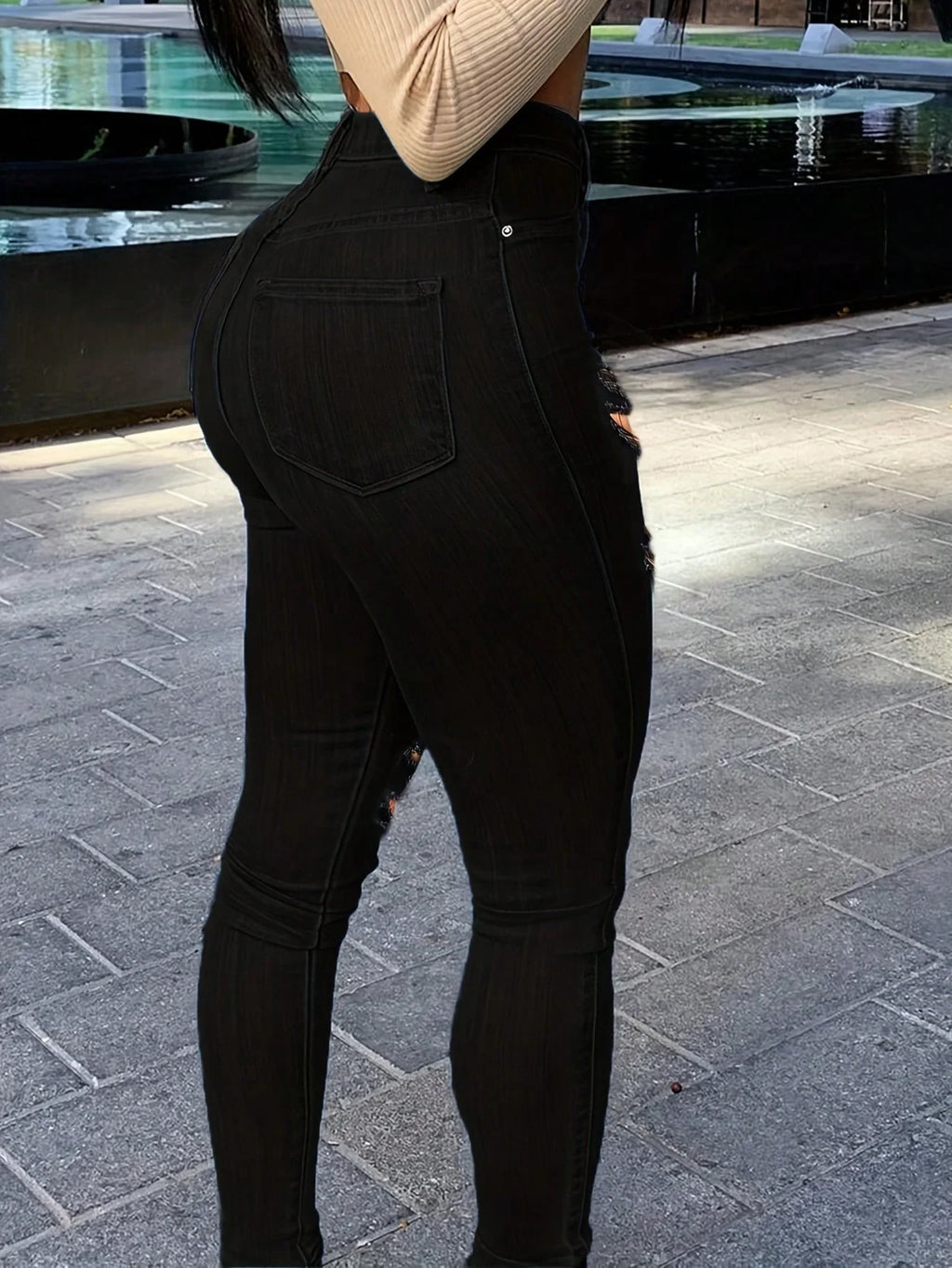 Women Slim-Fit Black Ripped Jeans with Button Zipper Pockets - Casual Fashion Solid Color Denim Pants