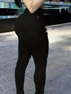 Women Slim-Fit Black Ripped Jeans with Button Zipper Pockets - Casual Fashion Solid Color Denim Pants