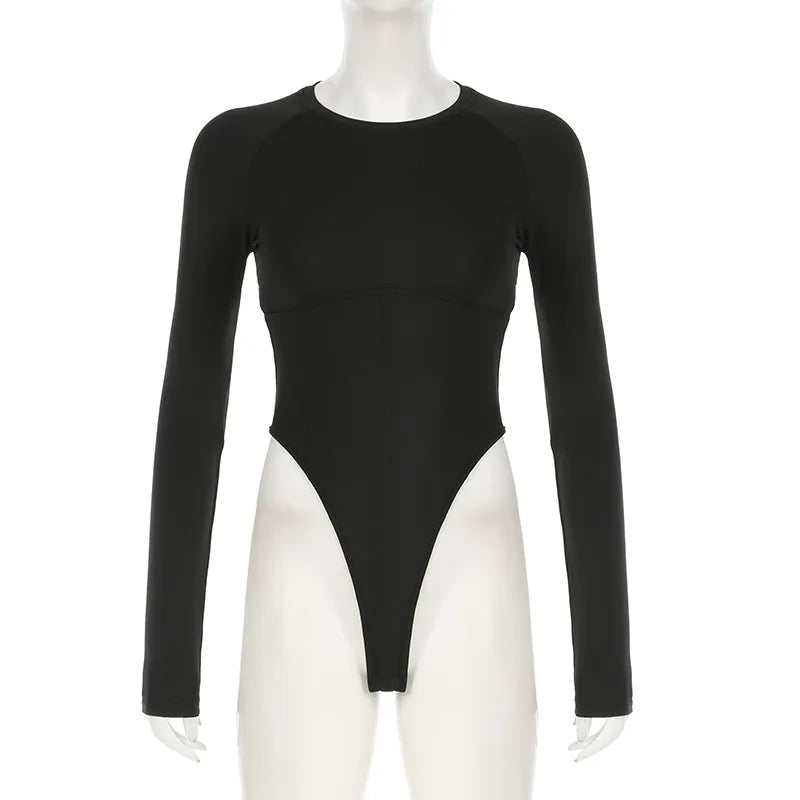 NEW Sexy Women Concise Bodysuits Basic Cut-out Solid Rompers O-neck Long Sleeve Overall All-match Casual Bodysuits Autumn Outfit