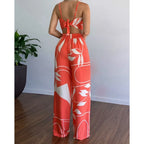 Summer Women Tropical Print Spaghetti Strap Casual Lace up Back Top &High Waist Pants Set 2 Pieces Suit Sets